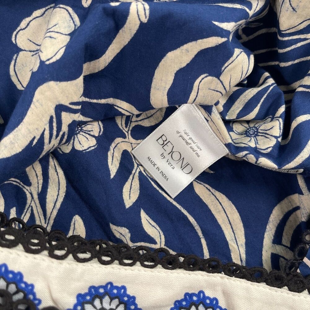 Beyond by Vera Nella Blue Ivory Floral Cotton Mini Dress S Resort Coastal Artsy - Picture 9 of 14